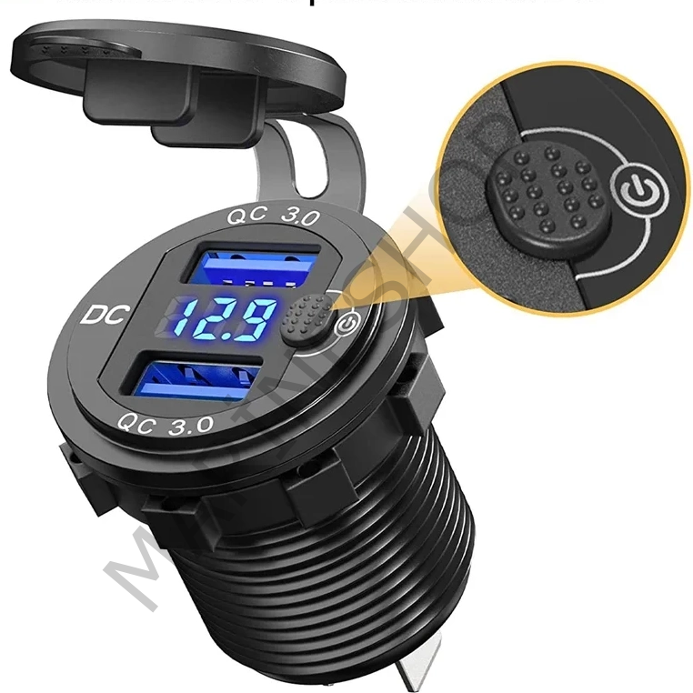 İki Usb Type-A  Şarj Cihazı  (Voltmetreli - On-Off Anahtarlı - Mavi Işıklı) 5V 3A/9V 2A /12V 1,5A Max : 36W