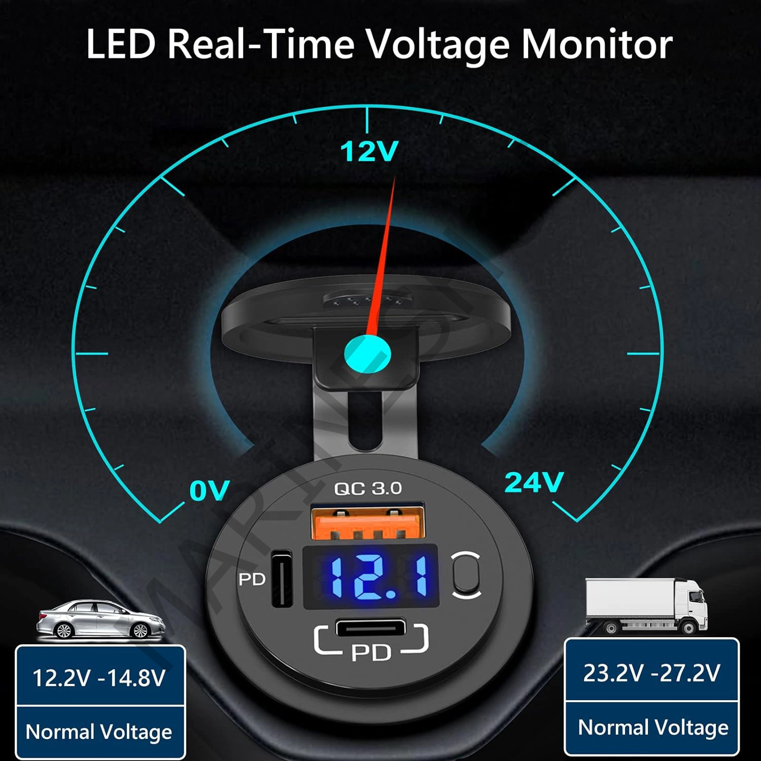 Bir Usb Type-A ve Bir Usb Type-C Şarj Cihazı (Voltmetreli - On-Off Anahtarlı - Mavi Işıklı)