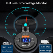 Bir Usb Type-A ve Bir Usb Type-C Şarj Cihazı (Voltmetreli - On-Off Anahtarlı - Mavi Işıklı)